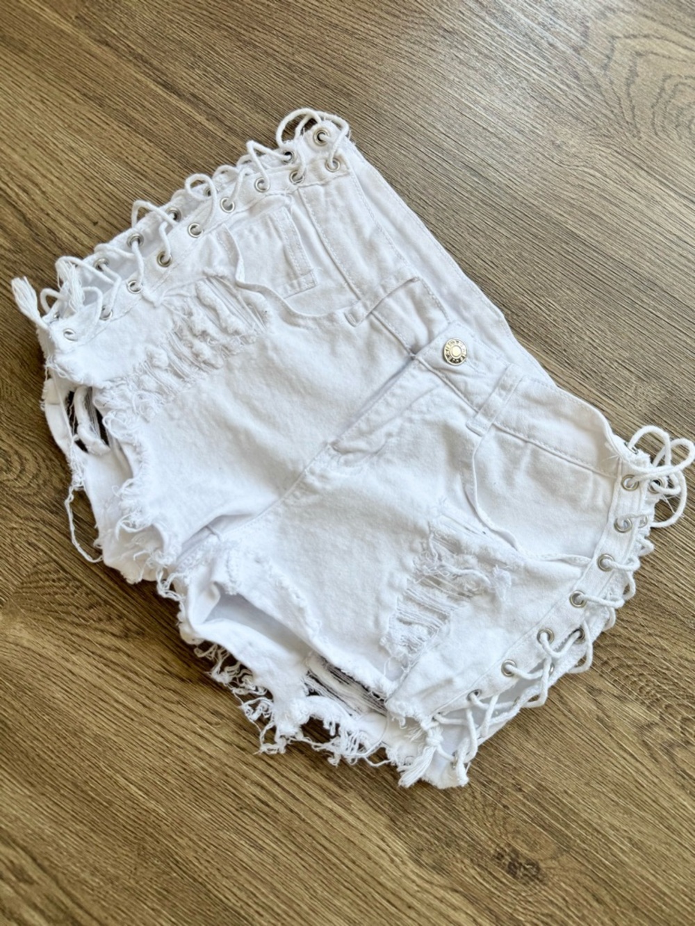 White Lace Up Distressed Denim Shorts Festival Y2K Boutique Style Size S